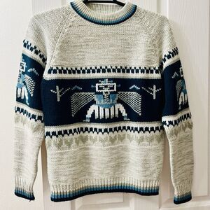 Vtg Gottschalks Men’s Large Cream Blue Sweater Thunderbird Ski Aztec Southwest